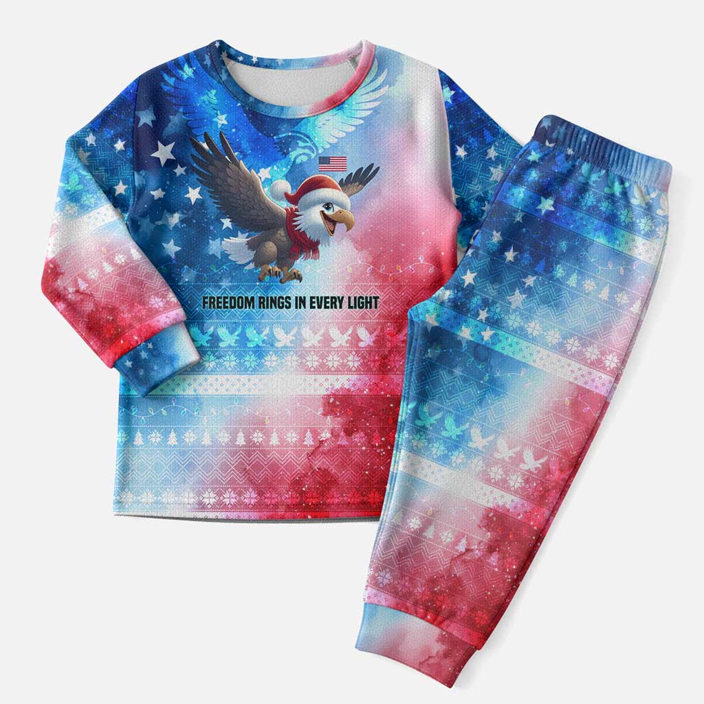 USA Christmas Pajama Set with Santa Eagle Red White Blue Snowflake Pattern and American Flag - Wonder Print Shop