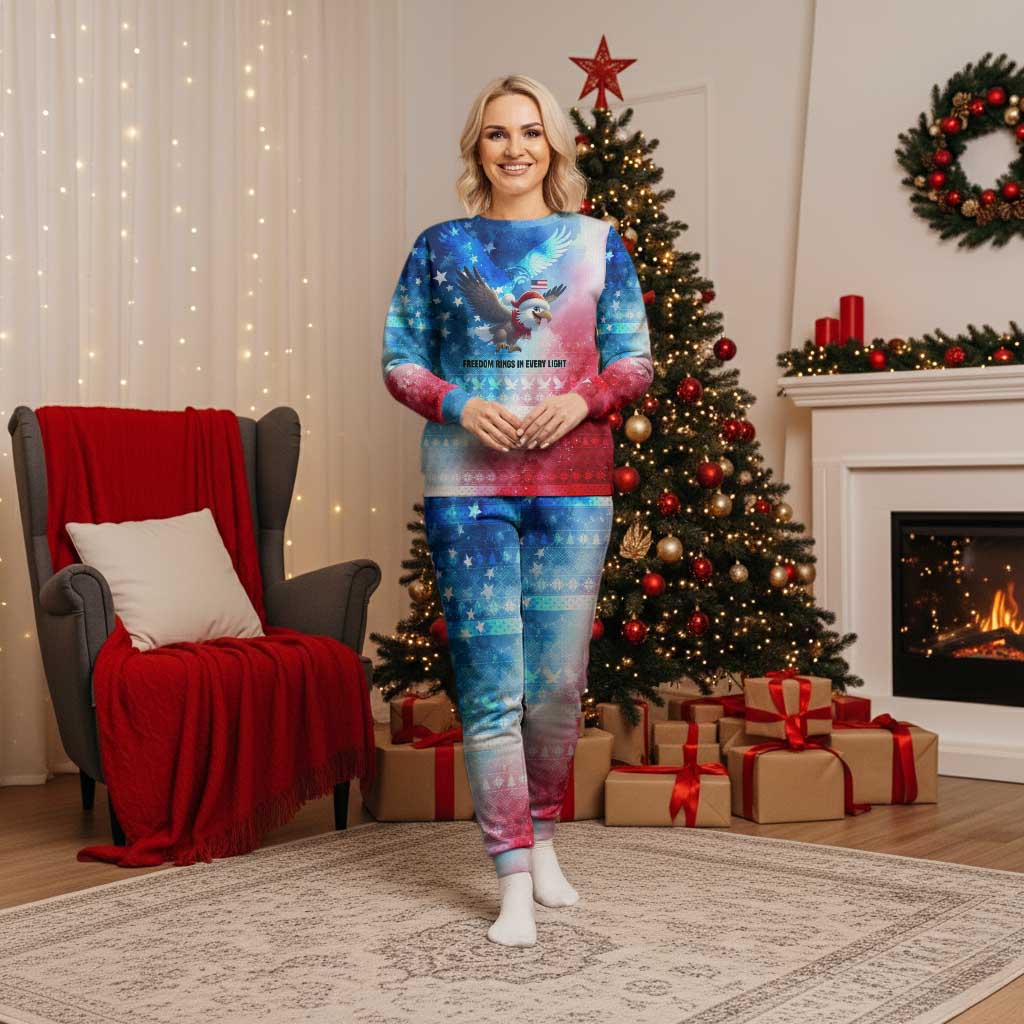 USA Christmas Pajama Set with Santa Eagle Red White Blue Snowflake Pattern and American Flag - Wonder Print Shop
