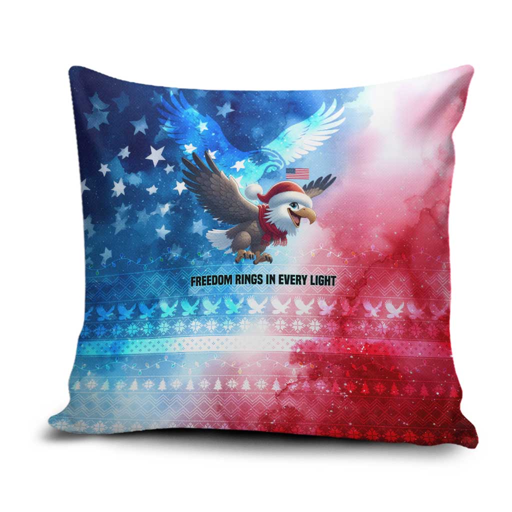 USA Christmas Pillow Cover with Santa Eagle Red White Blue Snowflake Pattern and American Flag - Wonder Print Shop