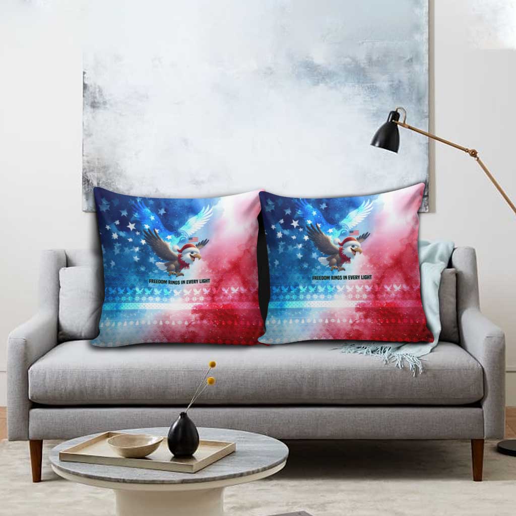 USA Christmas Pillow Cover with Santa Eagle Red White Blue Snowflake Pattern and American Flag - Wonder Print Shop