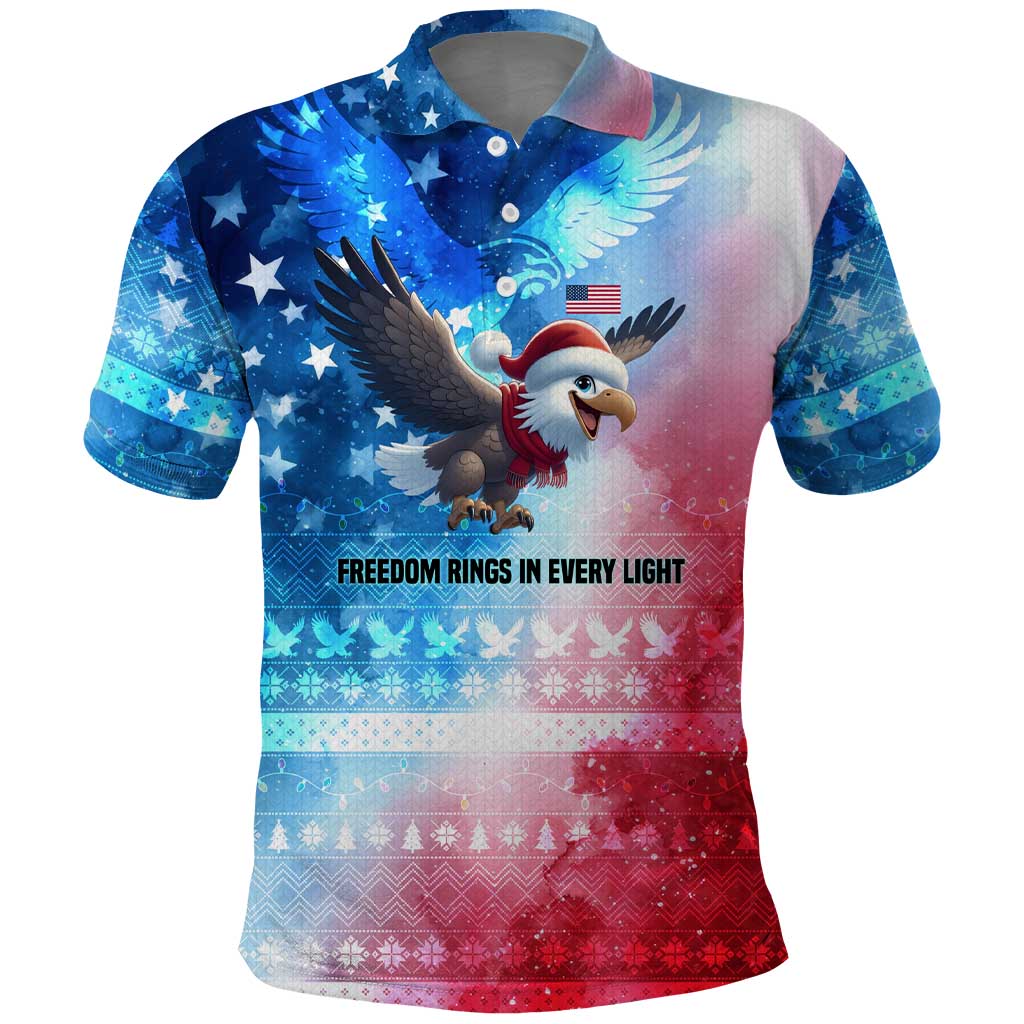 USA Christmas Polo Shirt with Santa Eagle Red White Blue Snowflake Pattern and American Flag - Wonder Print Shop