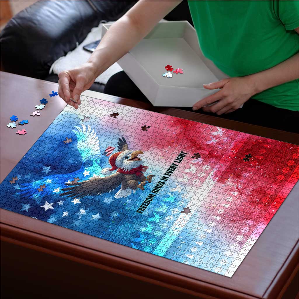 USA Christmas Puzzle with Santa Eagle Red White Blue Snowflake Pattern and American Flag - Wonder Print Shop