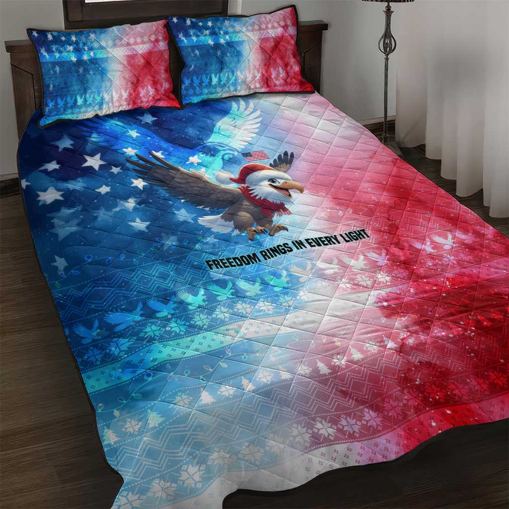 USA Christmas Quilt Bed Set with Santa Eagle Red White Blue Snowflake Pattern and American Flag - Wonder Print Shop