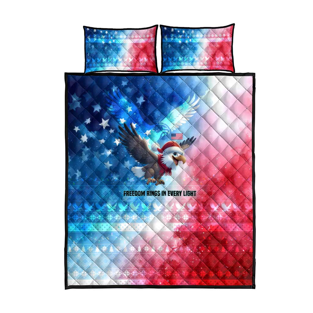 USA Christmas Quilt Bed Set with Santa Eagle Red White Blue Snowflake Pattern and American Flag - Wonder Print Shop