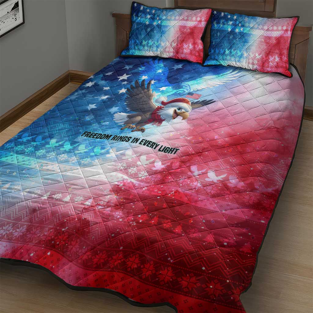 USA Christmas Quilt Bed Set with Santa Eagle Red White Blue Snowflake Pattern and American Flag - Wonder Print Shop