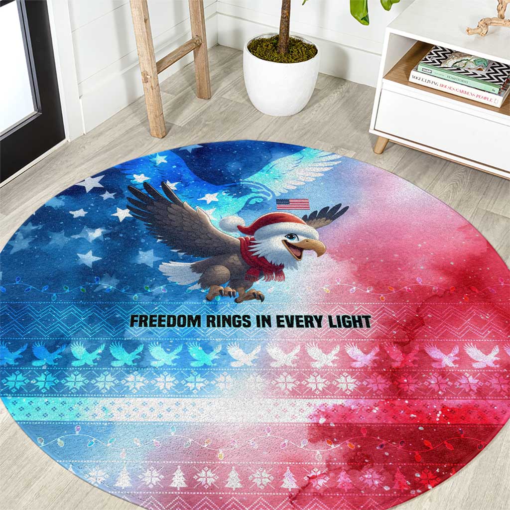 USA Christmas Round Carpet with Santa Eagle Red White Blue Snowflake Pattern and American Flag - Wonder Print Shop