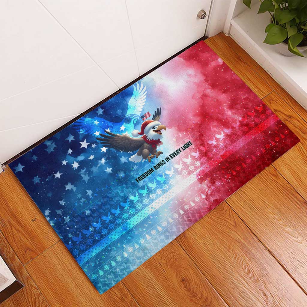 USA Christmas Rubber Doormat with Santa Eagle Red White Blue Snowflake Pattern and American Flag - Wonder Print Shop