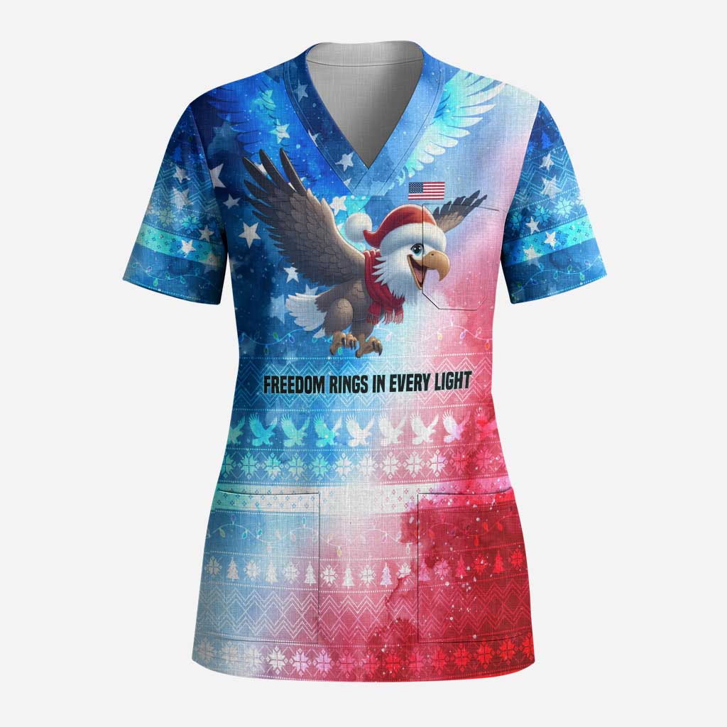 USA Christmas Scrub Top with Santa Eagle Red White Blue Snowflake Pattern and American Flag - Wonder Print Shop