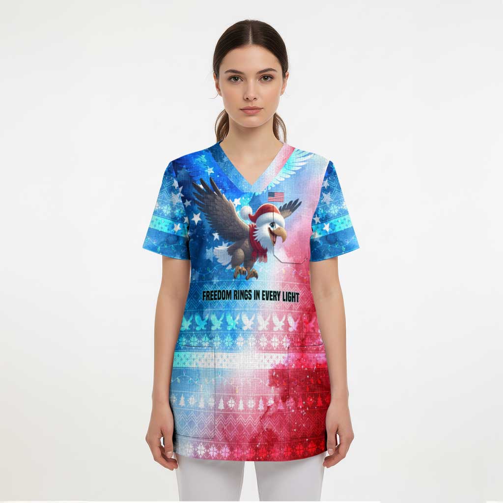 USA Christmas Scrub Top with Santa Eagle Red White Blue Snowflake Pattern and American Flag - Wonder Print Shop