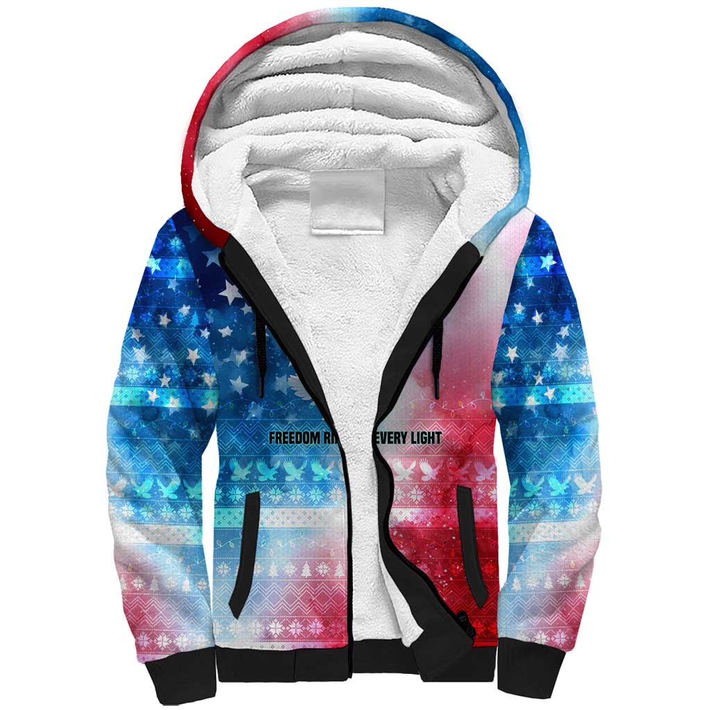 USA Christmas Sherpa Hoodie with Santa Eagle Red White Blue Snowflake Pattern and American Flag - Wonder Print Shop