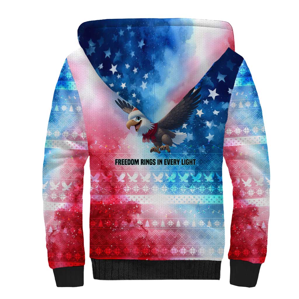 USA Christmas Sherpa Hoodie with Santa Eagle Red White Blue Snowflake Pattern and American Flag - Wonder Print Shop