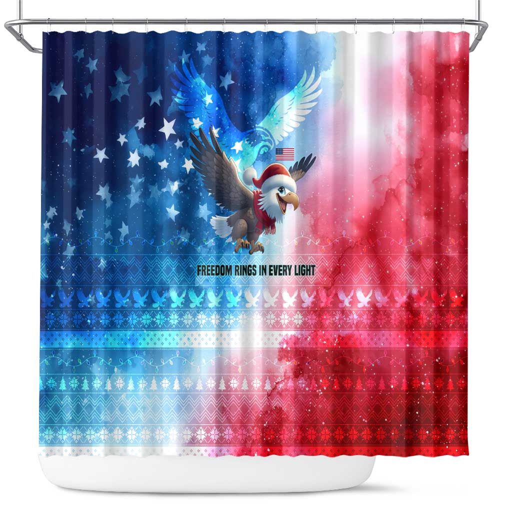 USA Christmas Shower Curtain with Santa Eagle Red White Blue Snowflake Pattern and American Flag - Wonder Print Shop