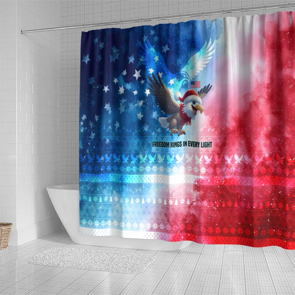 USA Christmas Shower Curtain with Santa Eagle Red White Blue Snowflake Pattern and American Flag - Wonder Print Shop