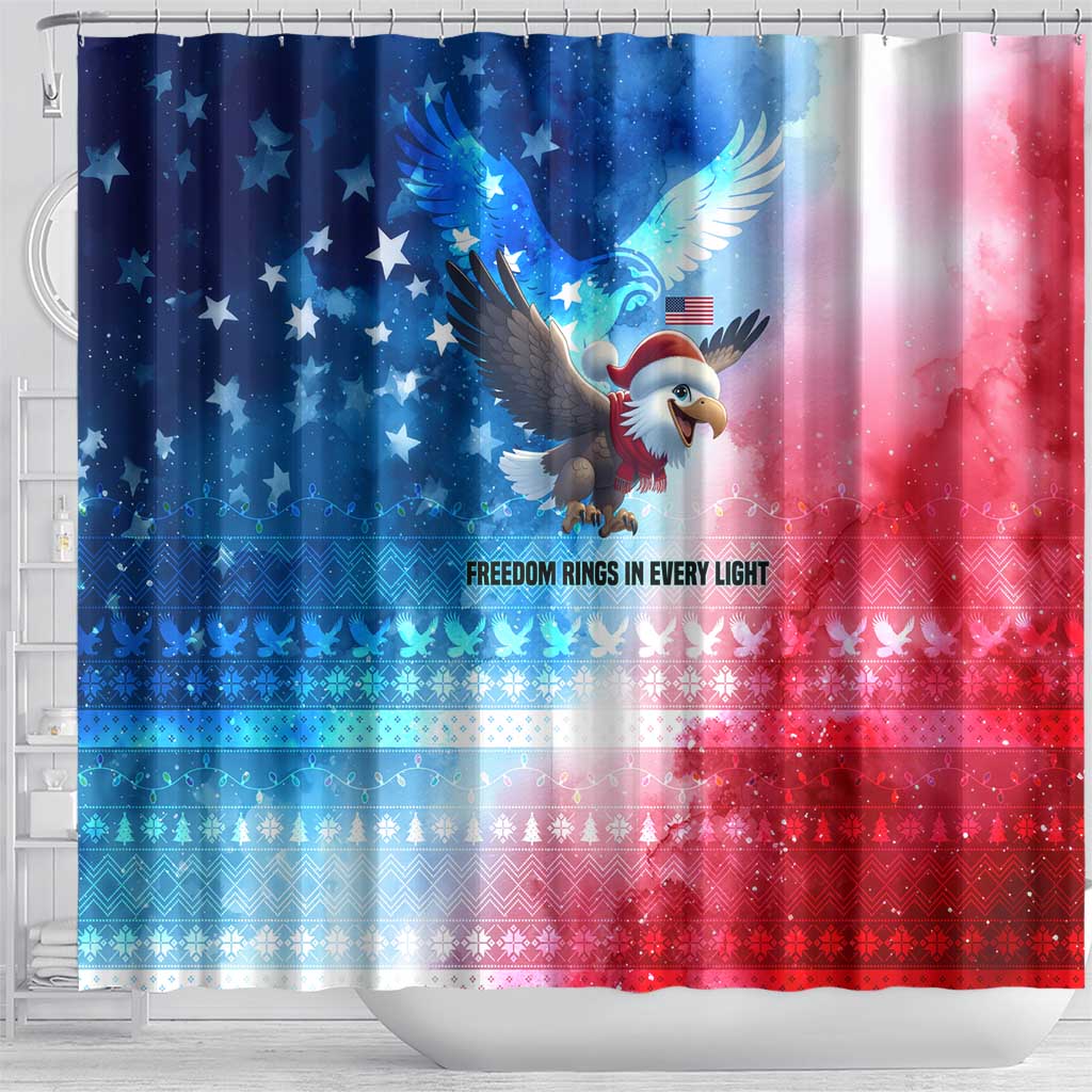 USA Christmas Shower Curtain with Santa Eagle Red White Blue Snowflake Pattern and American Flag - Wonder Print Shop