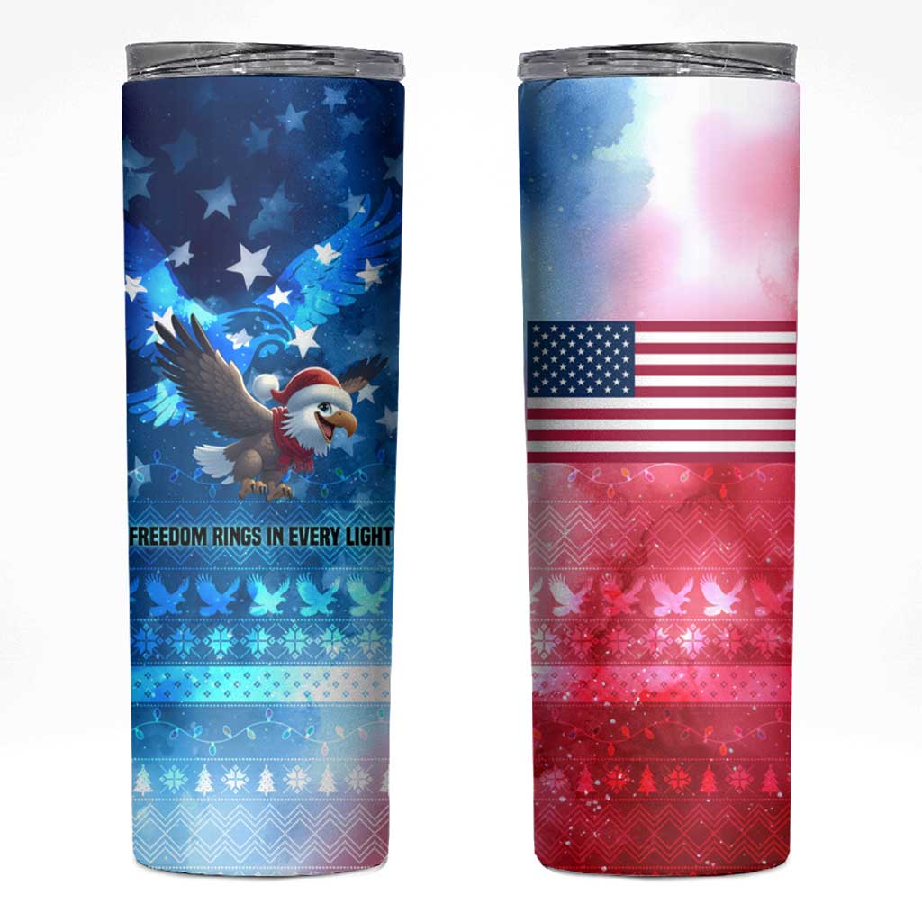 USA Christmas Skinny Tumbler with Santa Eagle Red White Blue Snowflake Pattern and American Flag - Wonder Print Shop