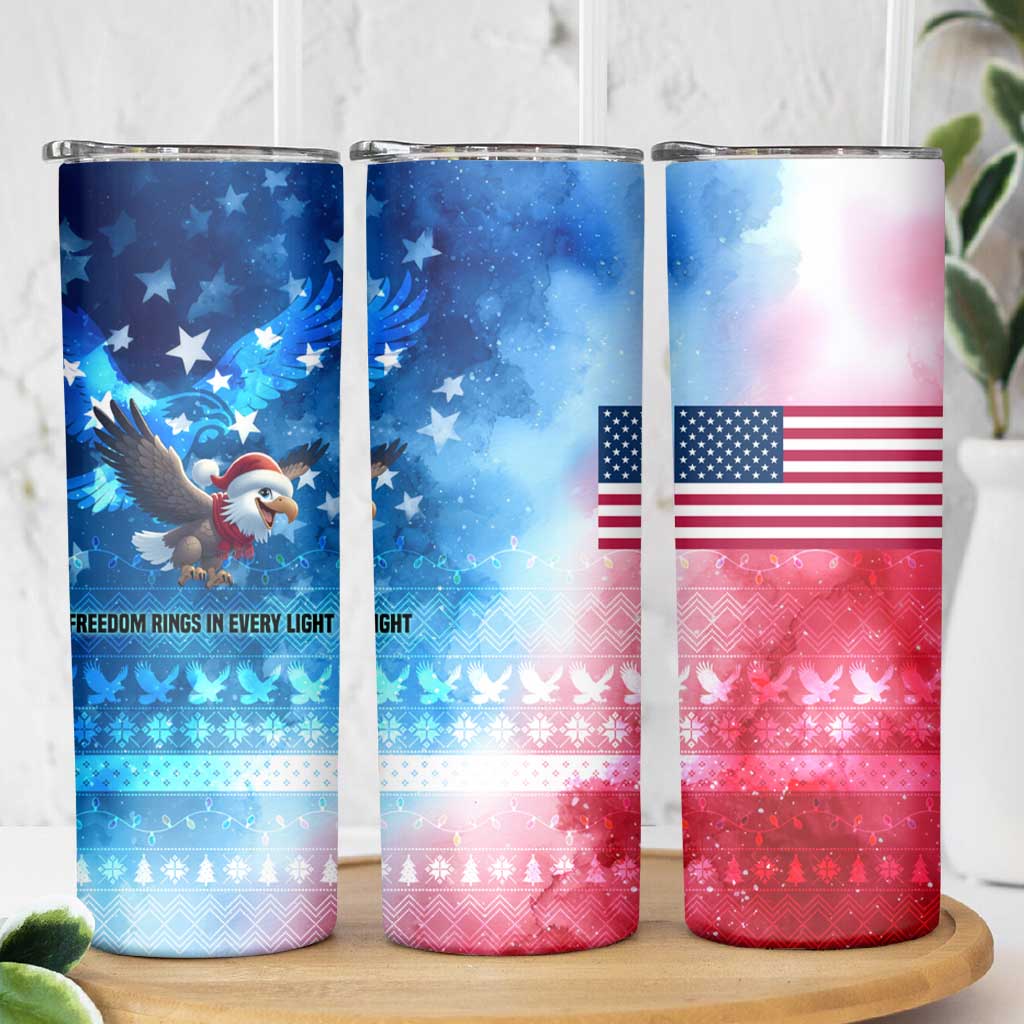 USA Christmas Skinny Tumbler with Santa Eagle Red White Blue Snowflake Pattern and American Flag - Wonder Print Shop