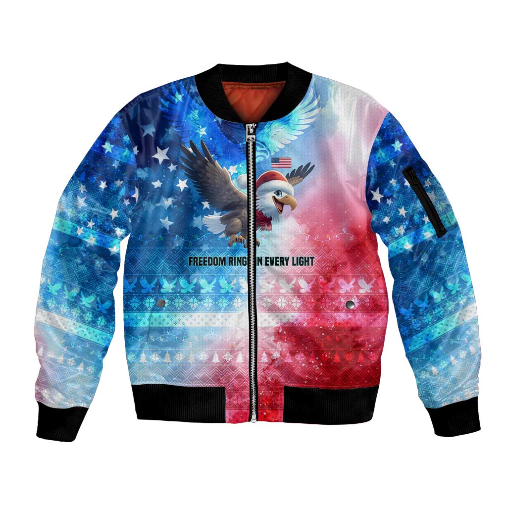 USA Christmas Sleeve Zip Bomber Jacket with Santa Eagle Red White Blue Snowflake Pattern and American Flag - Wonder Print Shop