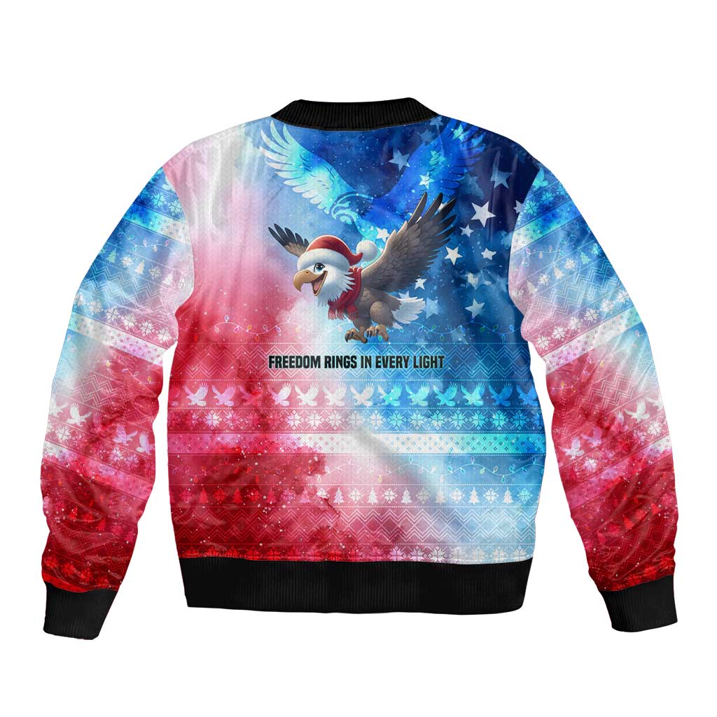 USA Christmas Sleeve Zip Bomber Jacket with Santa Eagle Red White Blue Snowflake Pattern and American Flag - Wonder Print Shop