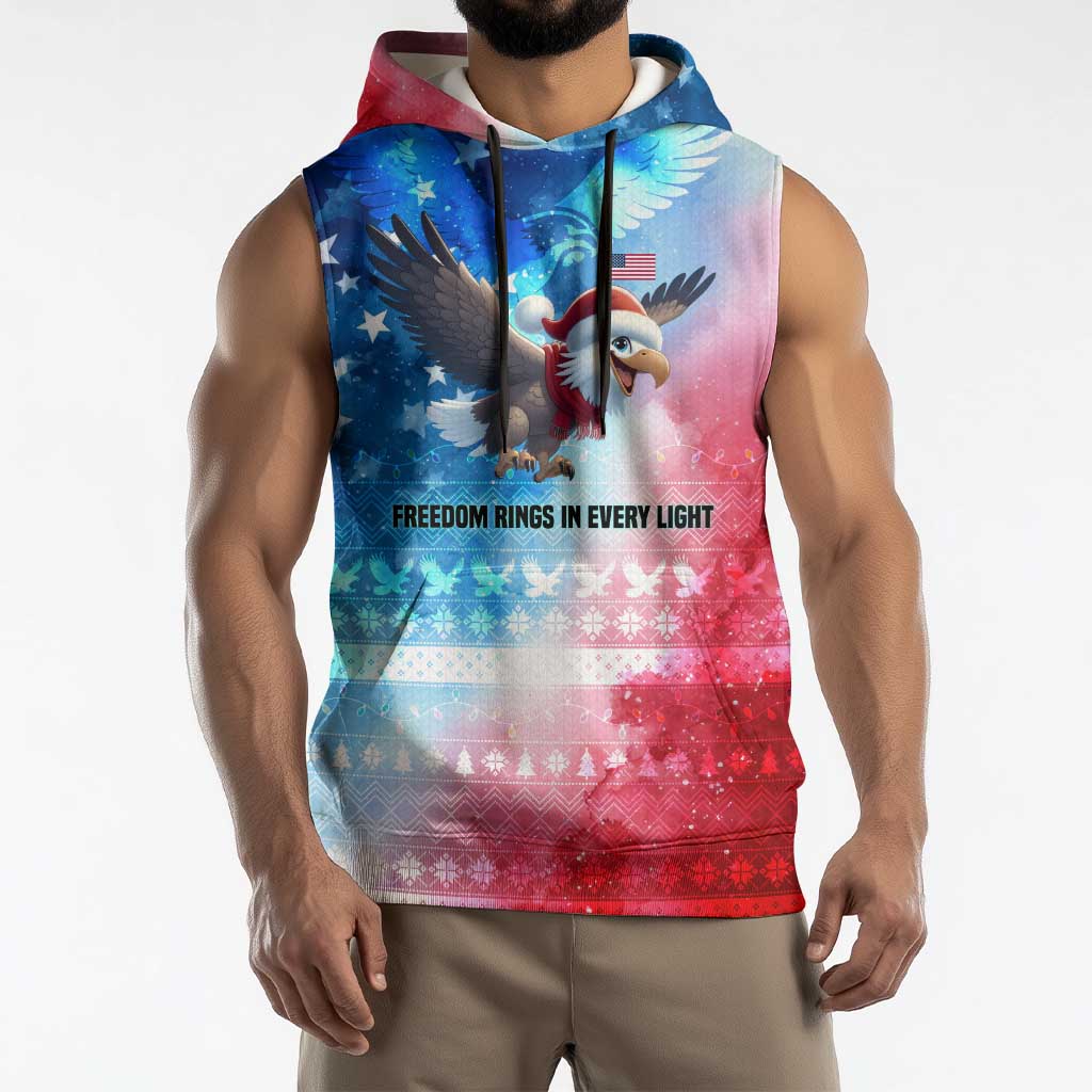 USA Christmas Sleeveless Hoodie with Santa Eagle Red White Blue Snowflake Pattern and American Flag - Wonder Print Shop