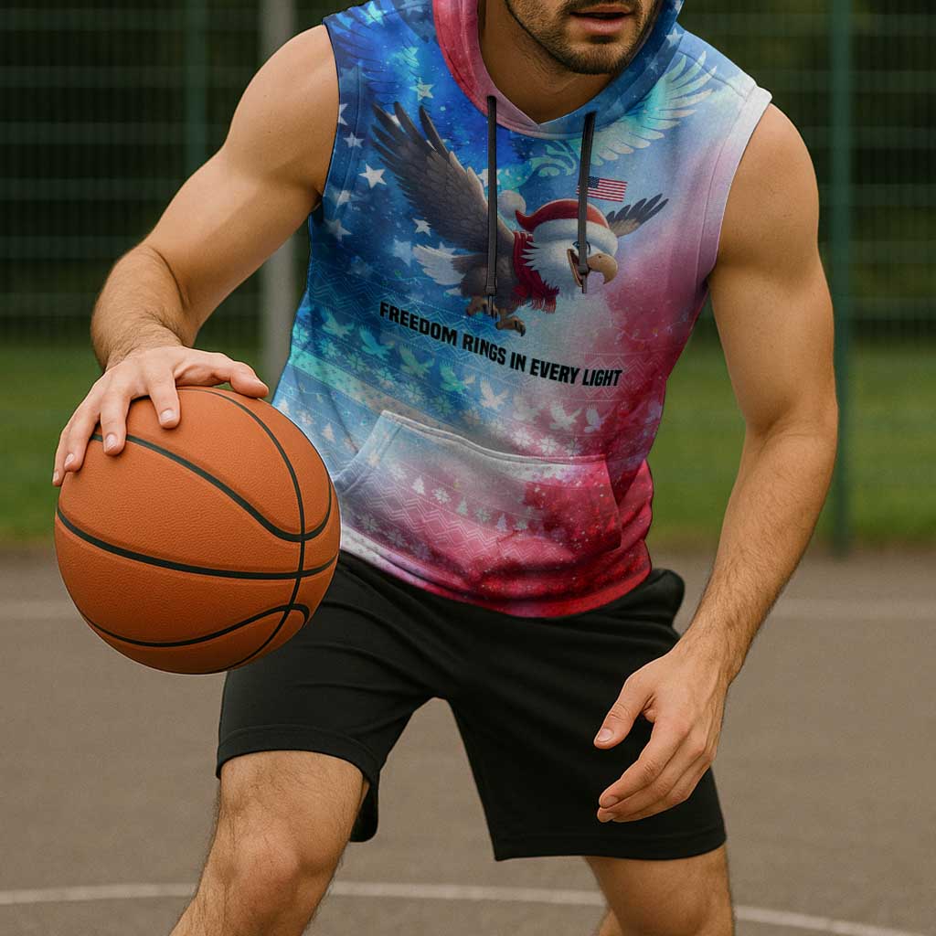 USA Christmas Sleeveless Hoodie with Santa Eagle Red White Blue Snowflake Pattern and American Flag - Wonder Print Shop