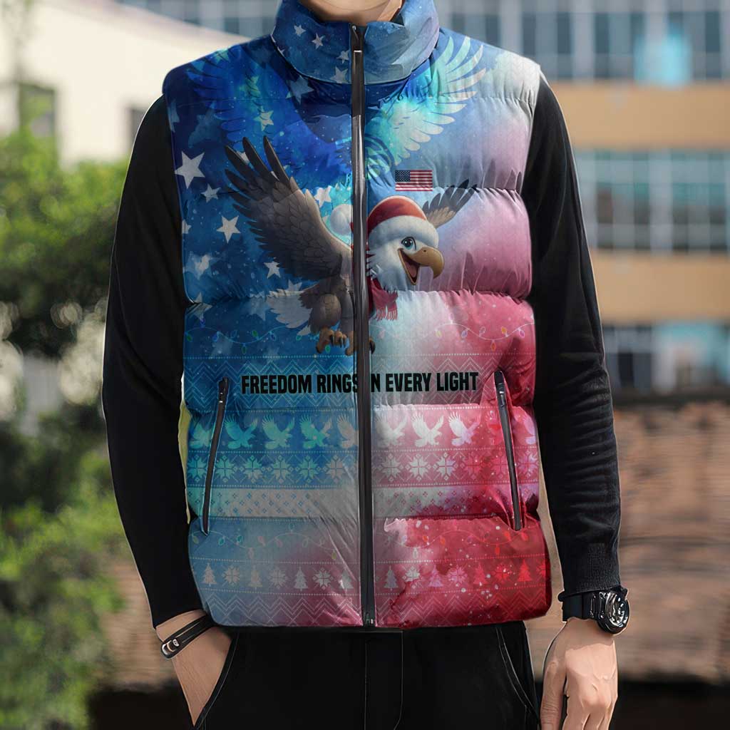 USA Christmas Sleeveless Puffer Jacket with Santa Eagle Red White Blue Snowflake Pattern and American Flag - Wonder Print Shop