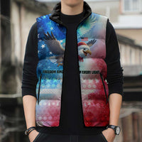 USA Christmas Sleeveless Puffer Jacket with Santa Eagle Red White Blue Snowflake Pattern and American Flag - Wonder Print Shop