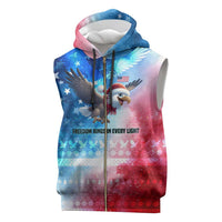 USA Christmas Sleeveless Zip Hoodie with Santa Eagle Red White Blue Snowflake Pattern and American Flag - Wonder Print Shop