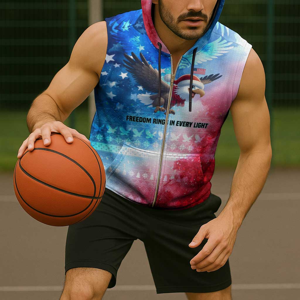 USA Christmas Sleeveless Zip Hoodie with Santa Eagle Red White Blue Snowflake Pattern and American Flag - Wonder Print Shop