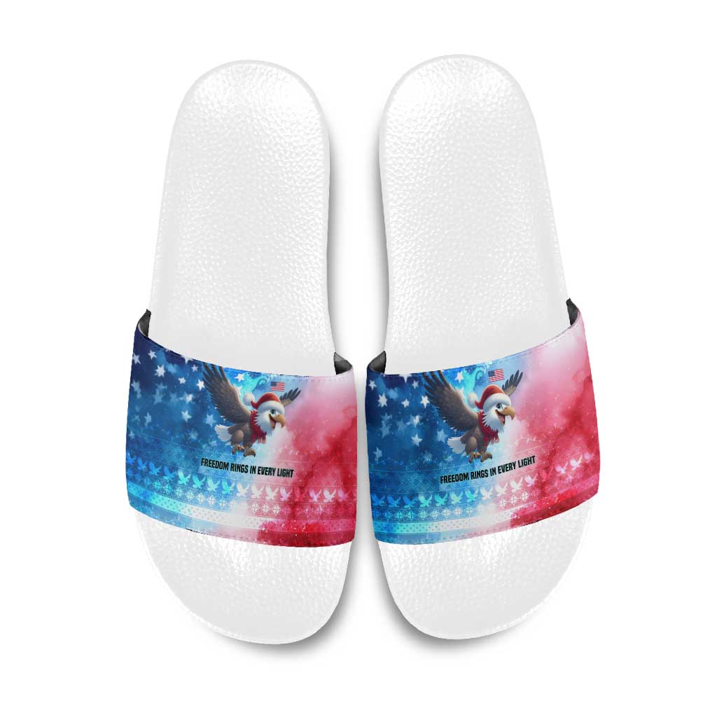 USA Christmas Slide Sandals with Santa Eagle Red White Blue Snowflake Pattern and American Flag - Wonder Print Shop