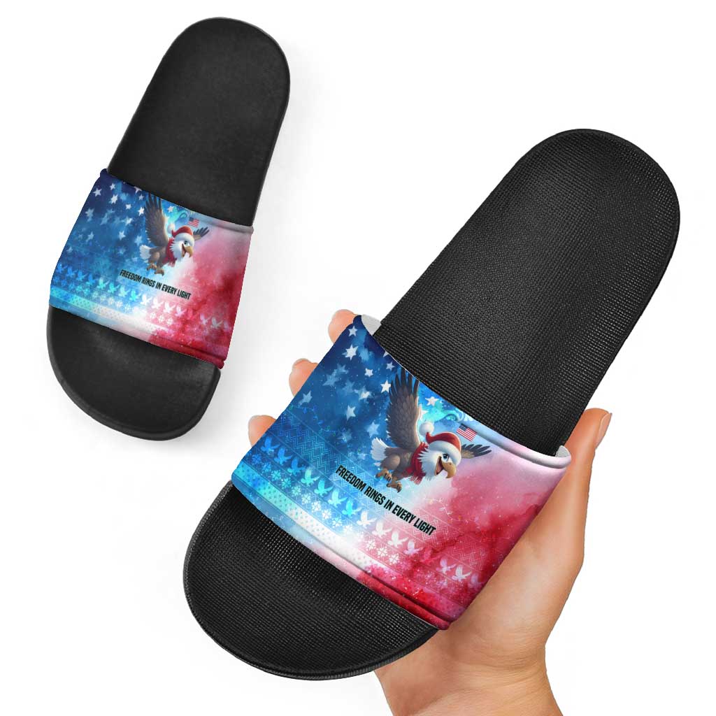 USA Christmas Slide Sandals with Santa Eagle Red White Blue Snowflake Pattern and American Flag - Wonder Print Shop