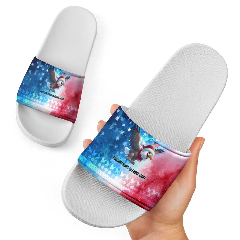 USA Christmas Slide Sandals with Santa Eagle Red White Blue Snowflake Pattern and American Flag - Wonder Print Shop