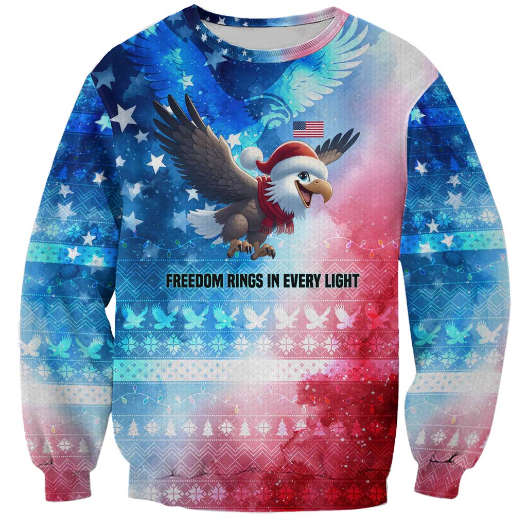 USA Christmas Sweatshirt with Santa Eagle Red White Blue Snowflake Pattern and American Flag - Wonder Print Shop