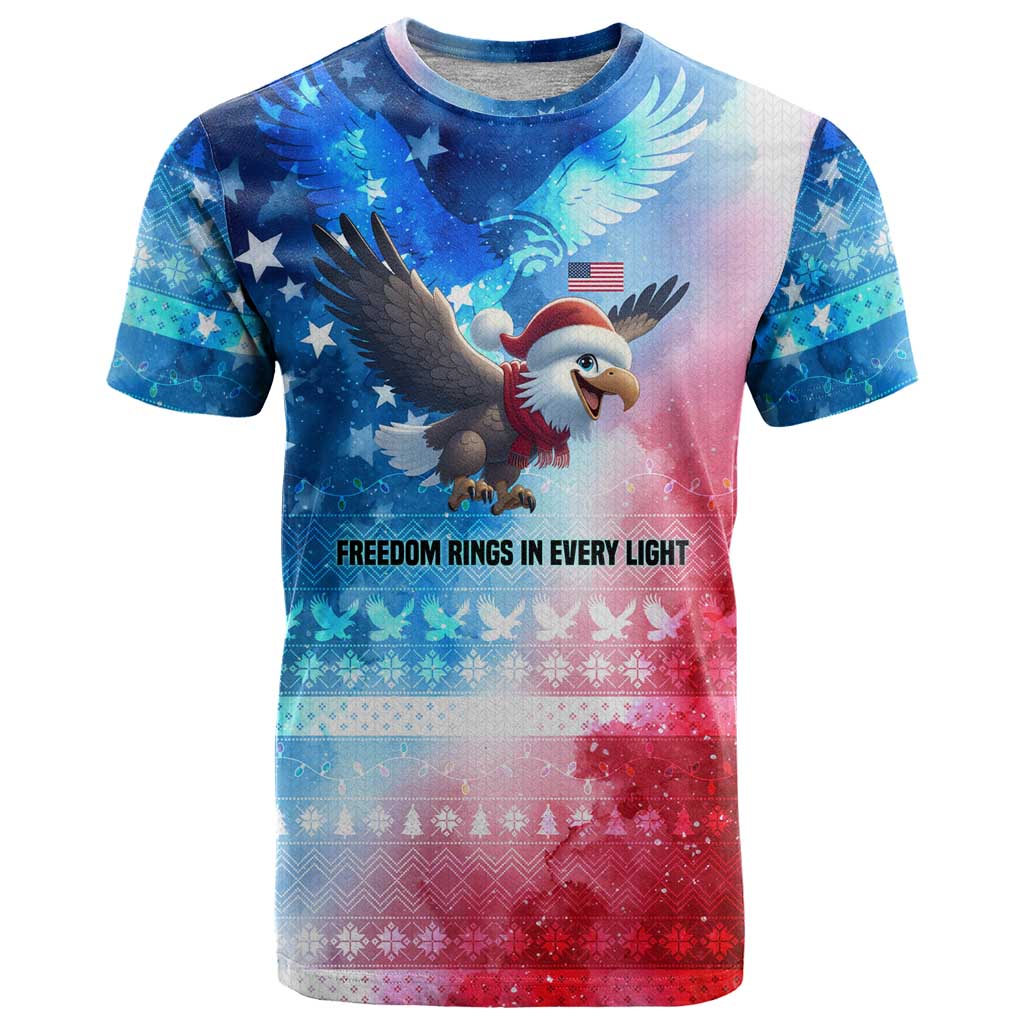 USA Christmas T Shirt with Santa Eagle Red White Blue Snowflake Pattern and American Flag - Wonder Print Shop
