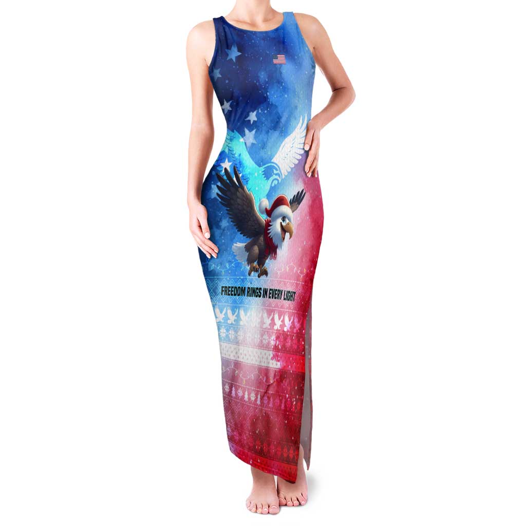 USA Christmas Tank Maxi Dress with Santa Eagle Red White Blue Snowflake Pattern and American Flag - Wonder Print Shop