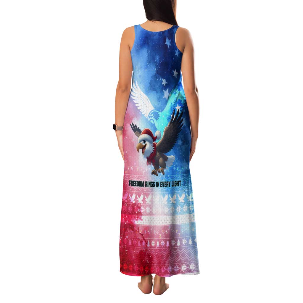 USA Christmas Tank Maxi Dress with Santa Eagle Red White Blue Snowflake Pattern and American Flag - Wonder Print Shop