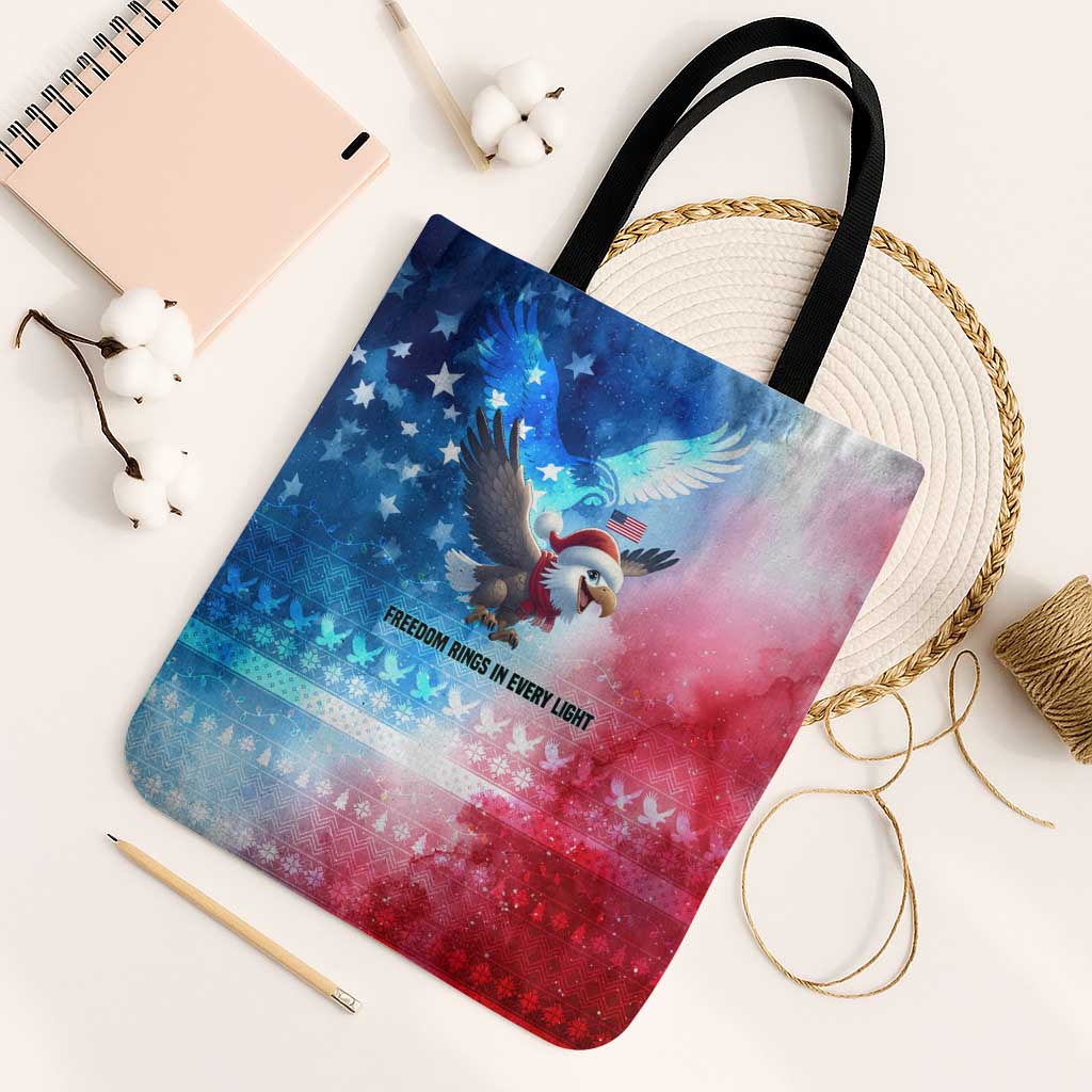 USA Christmas Tote Bag with Santa Eagle Red White Blue Snowflake Pattern and American Flag - Wonder Print Shop