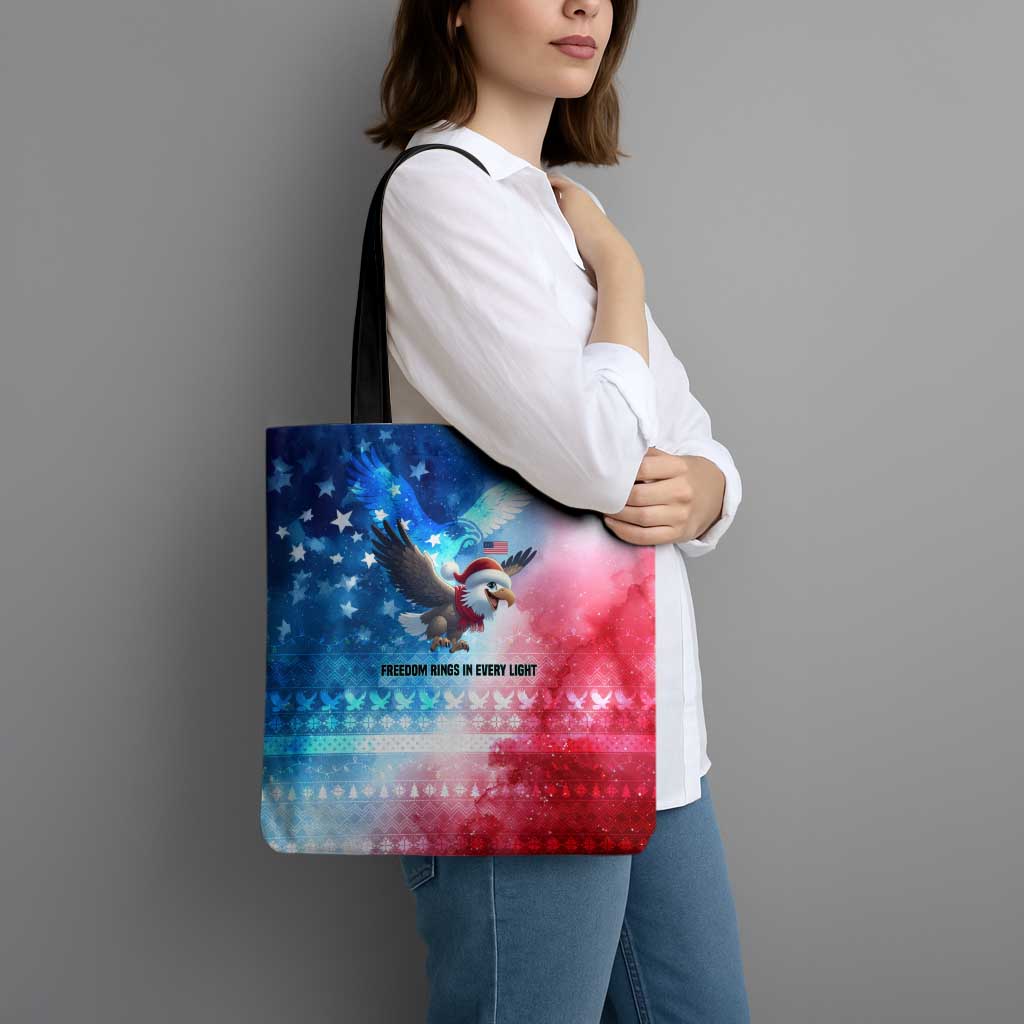 USA Christmas Tote Bag with Santa Eagle Red White Blue Snowflake Pattern and American Flag - Wonder Print Shop