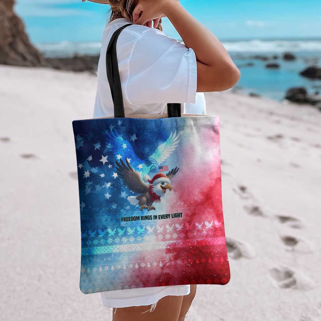 USA Christmas Tote Bag with Santa Eagle Red White Blue Snowflake Pattern and American Flag - Wonder Print Shop