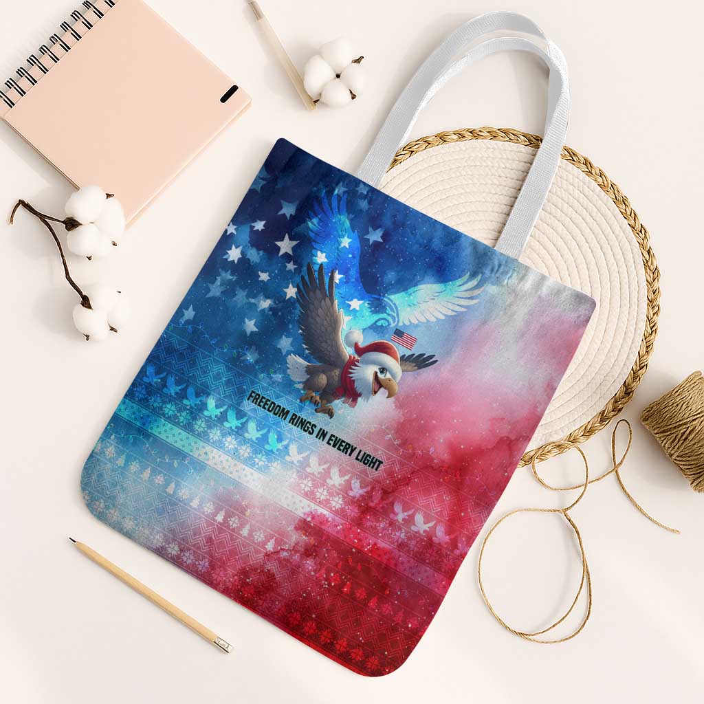 USA Christmas Tote Bag with Santa Eagle Red White Blue Snowflake Pattern and American Flag - Wonder Print Shop