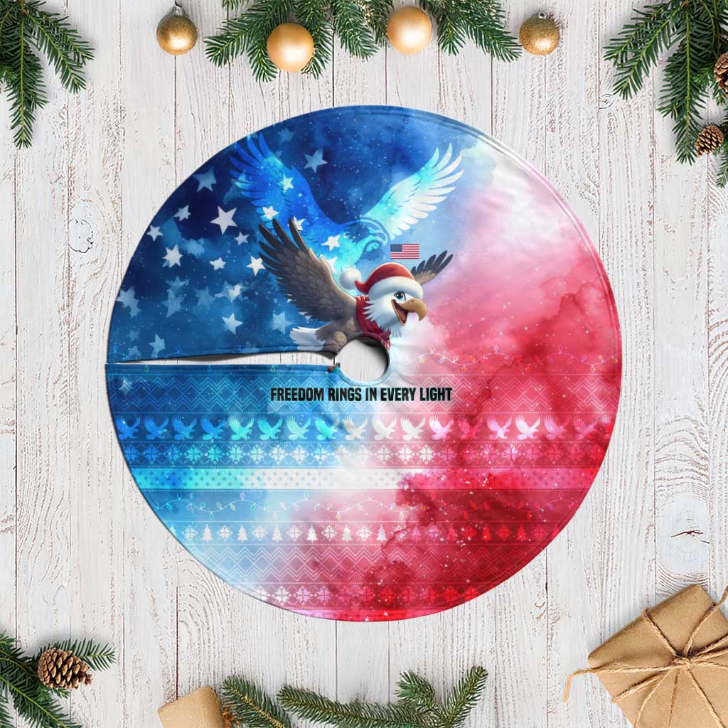 USA Christmas Tree Skirt with Santa Eagle Red White Blue Snowflake Pattern and American Flag - Wonder Print Shop