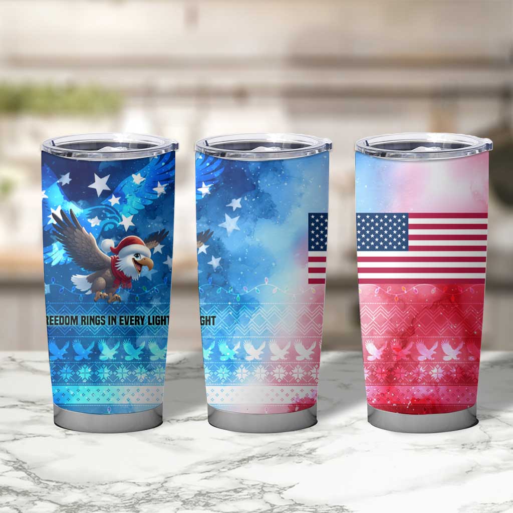 USA Christmas Tumbler Cup with Santa Eagle Red White Blue Snowflake Pattern and American Flag - Wonder Print Shop