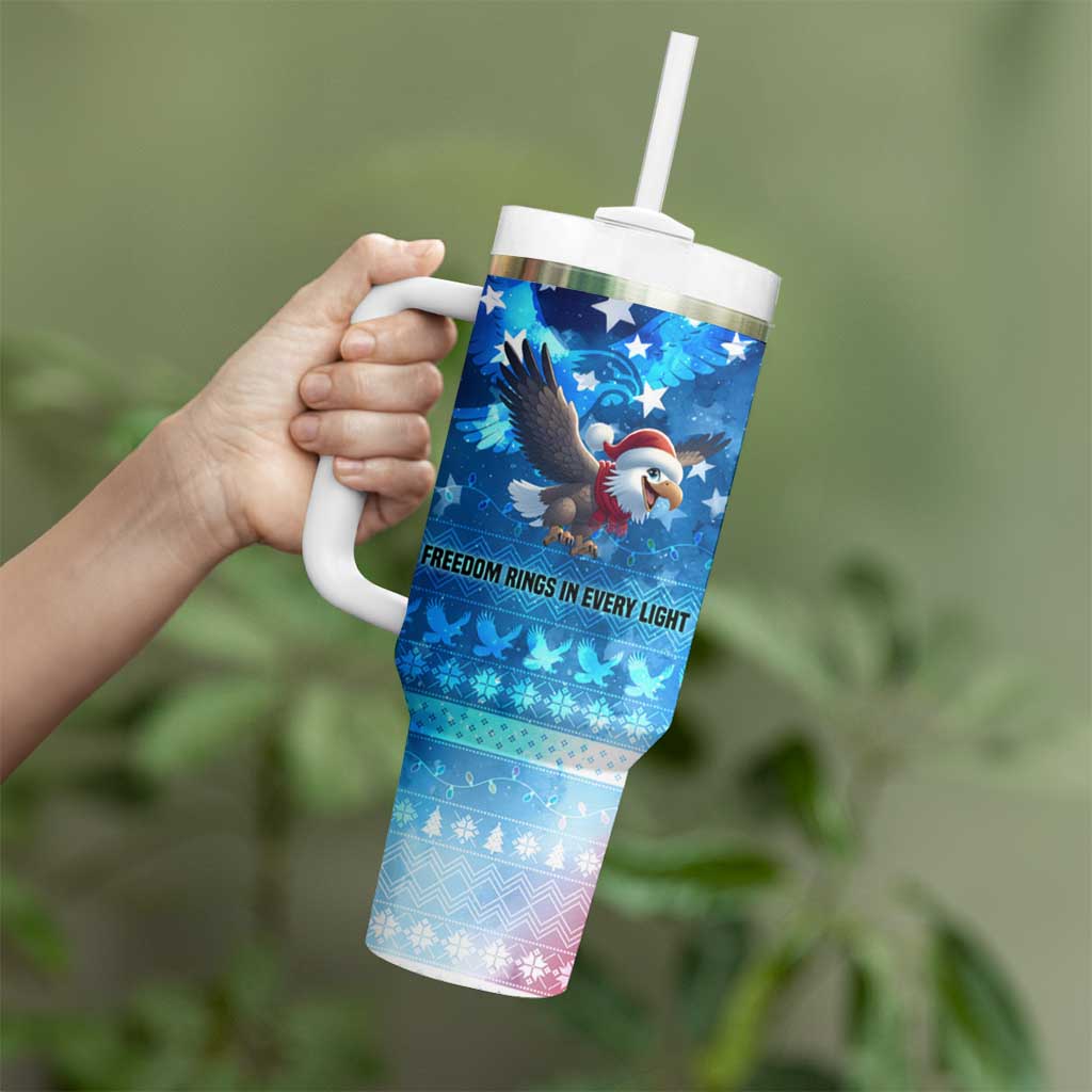 USA Christmas Tumbler With Handle with Santa Eagle Red White Blue Snowflake Pattern and American Flag - Wonder Print Shop