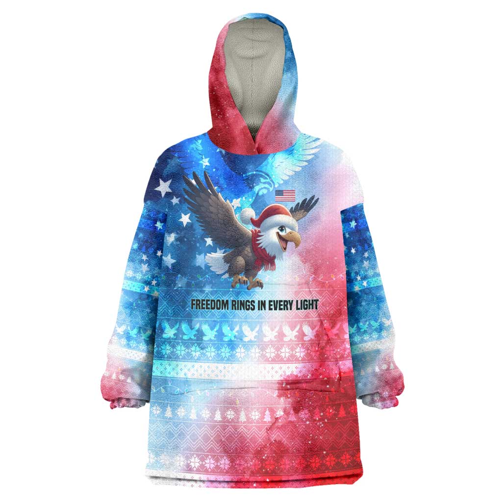 USA Christmas Wearable Blanket Hoodie with Santa Eagle Red White Blue Snowflake Pattern and American Flag - Wonder Print Shop