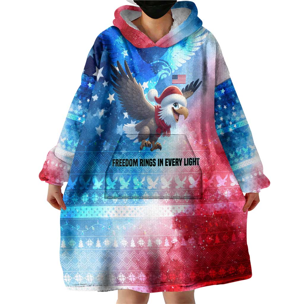 USA Christmas Wearable Blanket Hoodie with Santa Eagle Red White Blue Snowflake Pattern and American Flag - Wonder Print Shop
