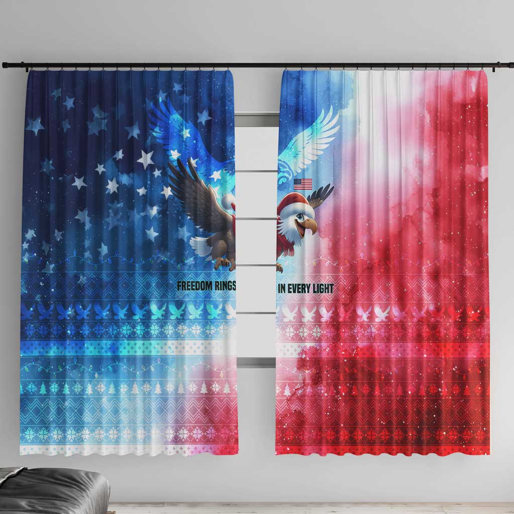 USA Christmas Window Curtain with Santa Eagle Red White Blue Snowflake Pattern and American Flag - Wonder Print Shop