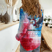 USA Christmas Women Casual Shirt with Santa Eagle Red White Blue Snowflake Pattern and American Flag - Wonder Print Shop