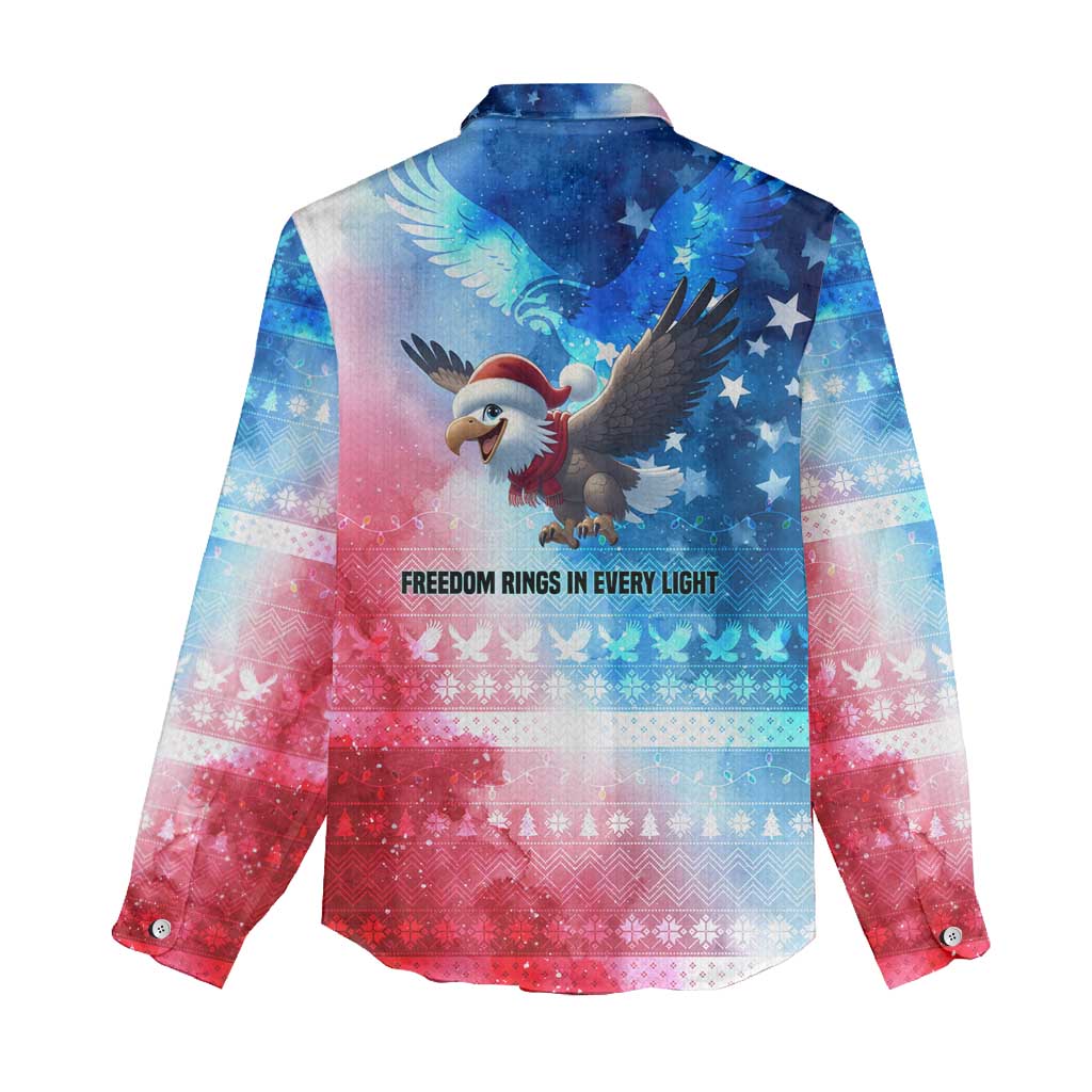 USA Christmas Women Casual Shirt with Santa Eagle Red White Blue Snowflake Pattern and American Flag - Wonder Print Shop