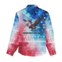 USA Christmas Women Casual Shirt with Santa Eagle Red White Blue Snowflake Pattern and American Flag - Wonder Print Shop