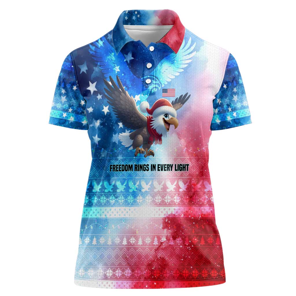 USA Christmas Women Polo Shirt with Santa Eagle Red White Blue Snowflake Pattern and American Flag - Wonder Print Shop