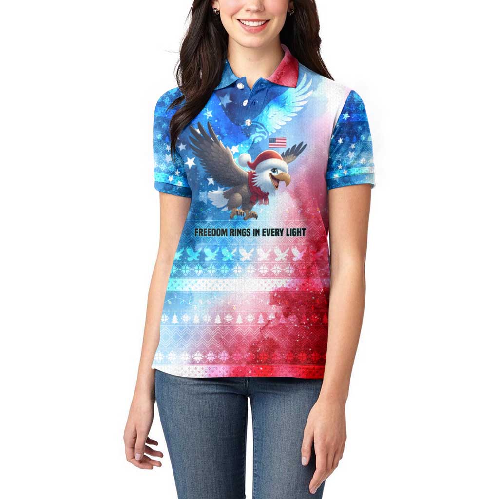 USA Christmas Women Polo Shirt with Santa Eagle Red White Blue Snowflake Pattern and American Flag - Wonder Print Shop